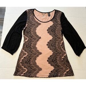 BKE Boutique 3/4 Sleeve Top Blouse Black Lace Overlay Pink Tee Women's SZ MED